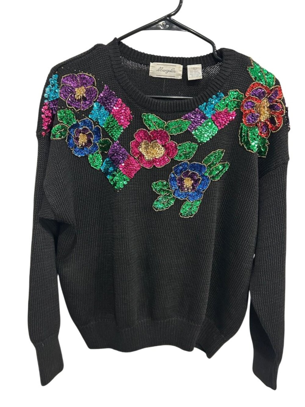 Margules Large Black Knit Sweater Colorful Floral Sequin Vintage Romantic Goth